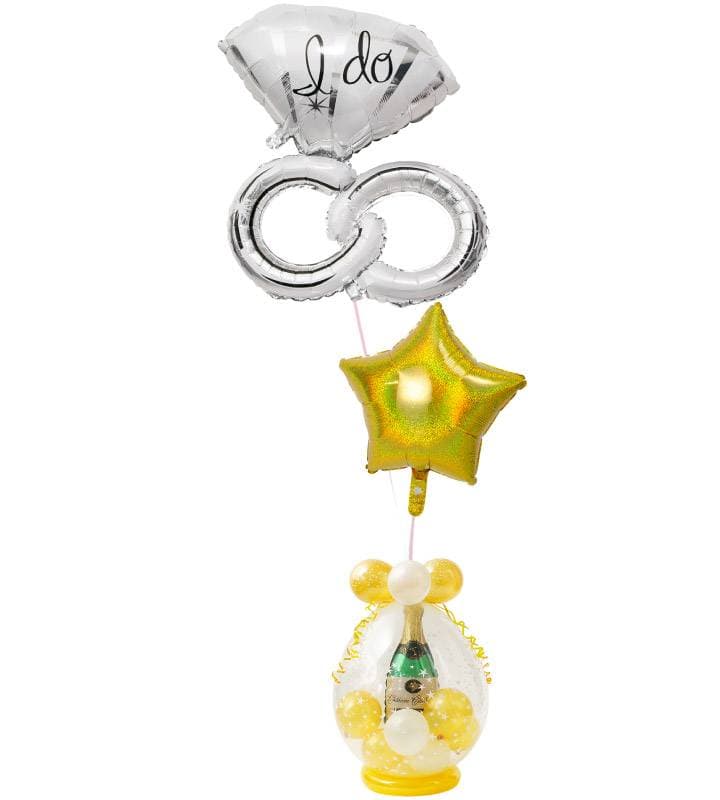 ウェディングリングときらきらゴールドスター、シャンパンのラッピングバルーン【結婚式】